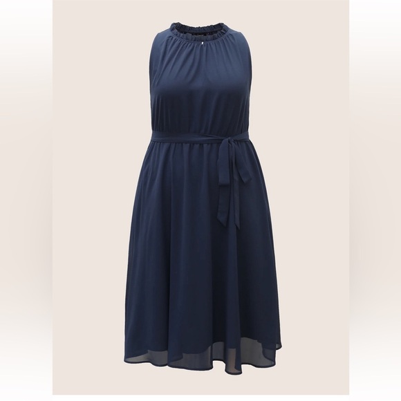 BloomChic Plain Sleeveless Frill Trim Pocket Belted Mock Neck Dress - Picture 7 of 8